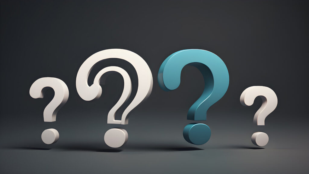 暗い背景に白と青の3Dはてなマークが並ぶFAQイメージ